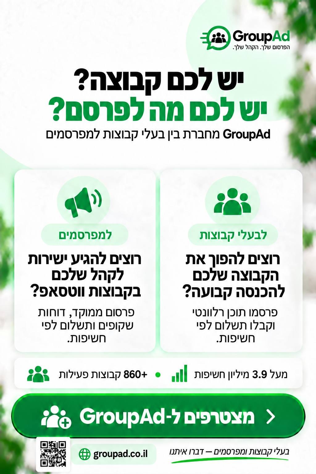 יש לכם קבוצה? יש לכם מה לפרסם? — GroupAd מחברת בין בעלי קבוצות למפרסמים